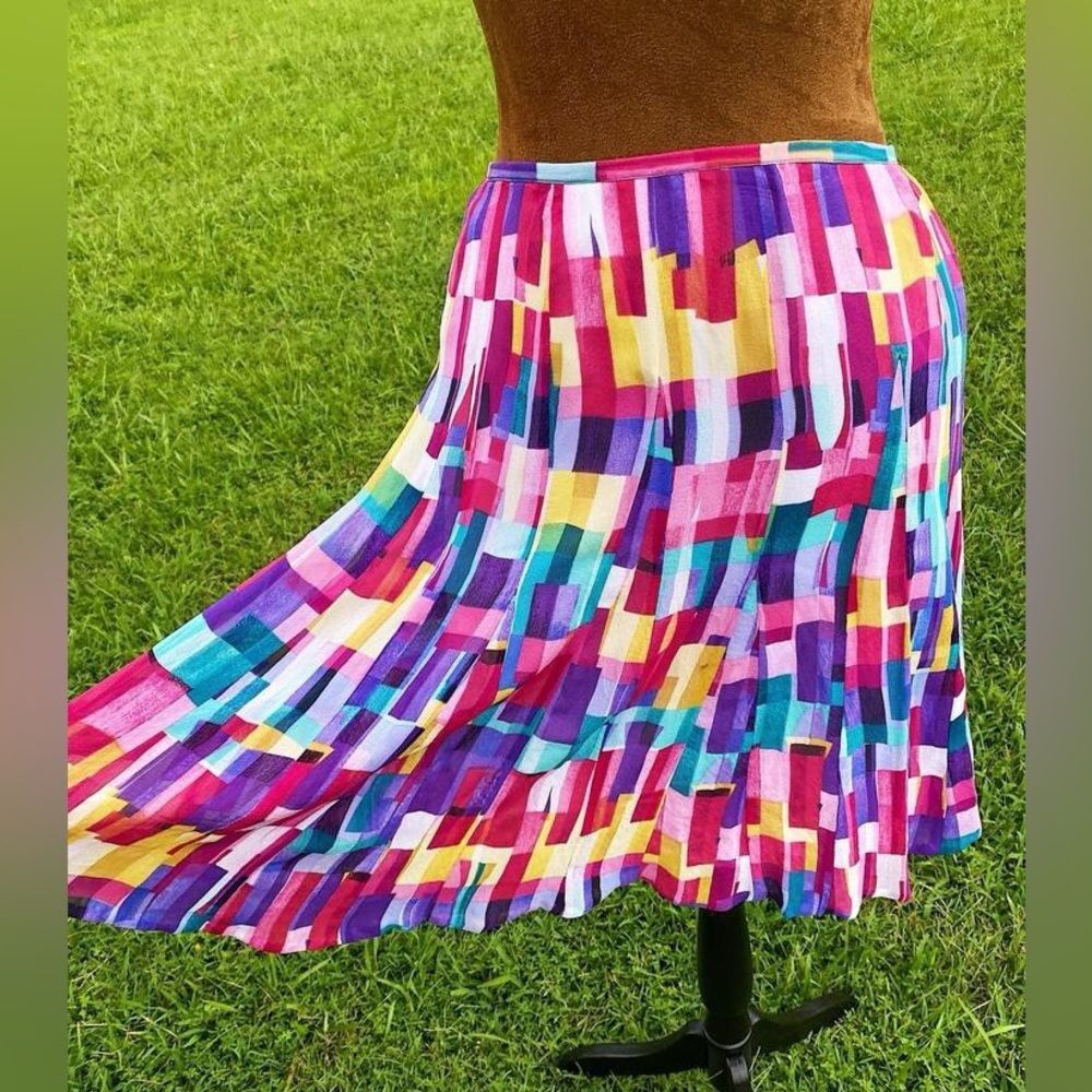 Y2K Artsy Dopamine 100% Silk Rainbow Abstract Short Skirt:Tennis Prep Old Money